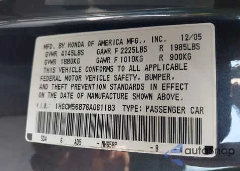 2006 Honda Accord 2.4 Ex из США, поврежденный, VIN 1HGCM56876A061183